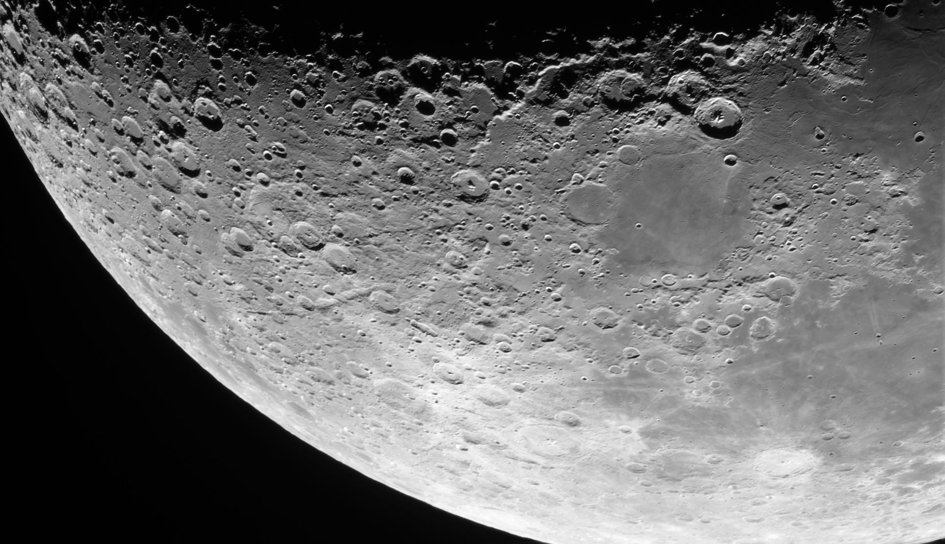 View of the mountainous and crater-strewn southern hemisphere